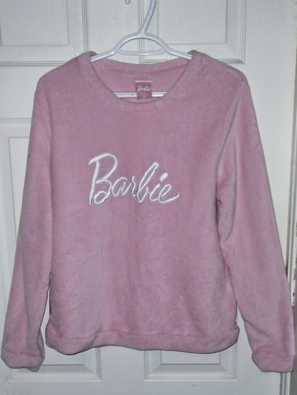 Barbie Official Pink Plush Fleece Crewneck Sweatshirt Soft Pullover. Size L